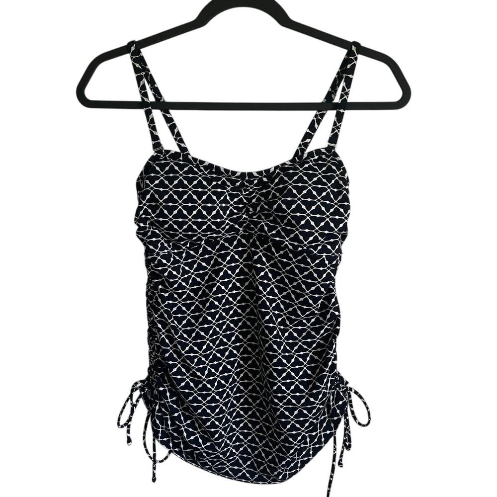 Lands’ End Tankini Swim Top Sz 6 Black White Geometric Side Ties Shirred
